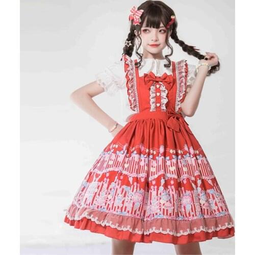 2021 Summer Lolita Strap Dress Girly Rabbit Printing Jsk Cute Soft Girl Kawaii Dresses Women Lace Bow Ruffle Lolita Party Dress