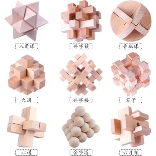 9PCS/Set Beech Wood Mini Size IQ Burr Interlocking Wooden Puzzle Brain Teaser Game for Children Adults