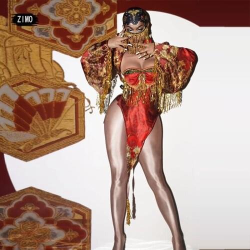 Trousers headwear sets outfit Dress party club man Women Dance Performance Costume ds Red Sequin Tassel Nightclub Stage birthday