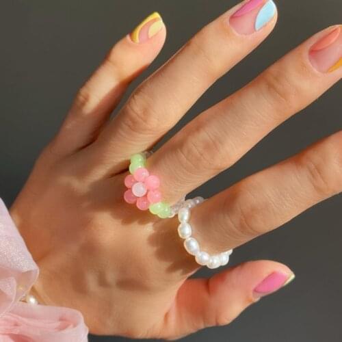 Korean Charms Candy Color Flower Rings for Women Beads Vintage Handmade DIY Elastic Rings Aesthetic Jewelry 90s Style Gifts New