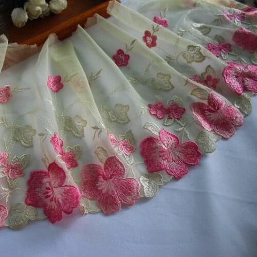 7.48"19cm(2yards/lot) Embroidered Floral Tulle Lace Trim Light Lemon+Pink ,Mesh Embroidery Lace Trim