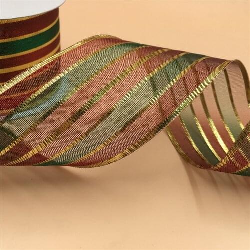 63MM X 25 Yards Wire Edge red gold green stripes metallic Ribbon for Birthday Decoration Gift Wrapping 2-1/2"