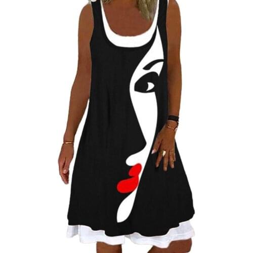 Summer Loose Casual Round Neck Dress Sleeveless Fake Two-piece Portrait Printed Sundress Plus Size S-XXXL Beach Wear