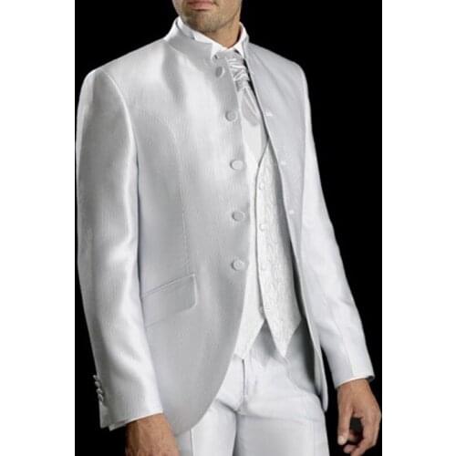 White Men Suits with Stand Mandarin Collar for Wedding Groom Tuxedos 3 Piece Set Tailor made Male Set Jacket Pants Vest