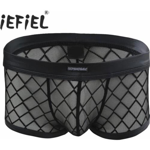 Boxer Men Underwear for Big Penis Male Black Gridding Brief Shorts Semi-see Through Underpants Sexy Lingerie Gay Sissy Panties