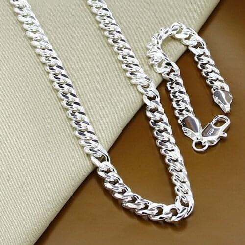 New 925 Sterling Silver 10mm Side Chain Necklace Bracelet Set Suitable For MenS Party Domineering Jewelry Fashion