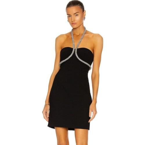Wholesale Womens Black Spaghetti Strap Backless Rhinestone Sexy Boutique Celebrity Cocktail Party Bandage Dress