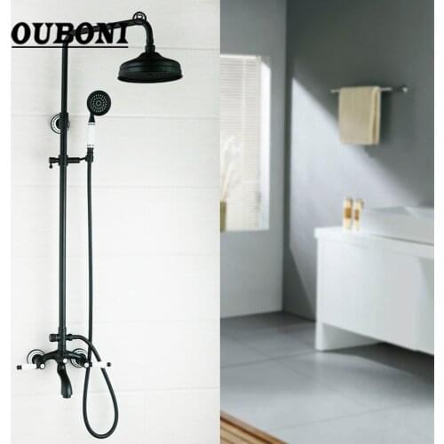 OUBONI Round Bathroom Shower Faucet Set Oil Rubbed Bronze Swivel 8 Inch Rainfall Shower Head & Heldhead Bathtub Mixer Tap
