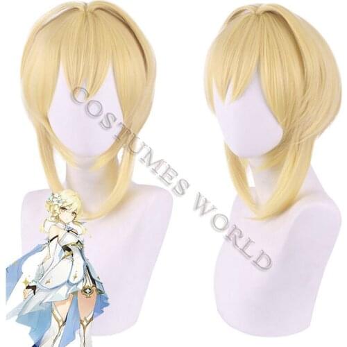 Genshin Impact Traveler Lumine Wig Cosplay Player Blonde Short Straight Bangs Heat Resistant Hair Adult Girl Halloween Role Play