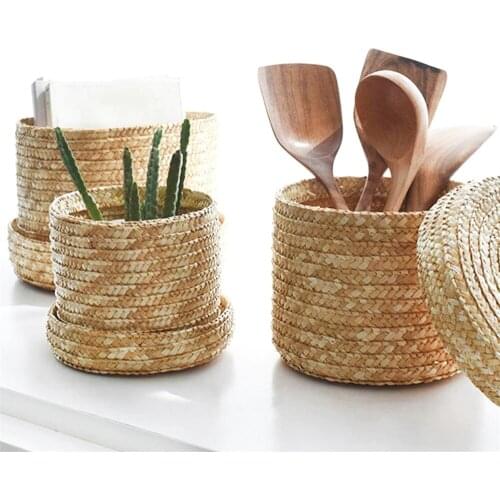 Handmade Straw Woven Storage Basket With Lid Kitchen Organizer Storage Laundry Baskets Rattan Toys Flower Picnic Bread Baskets
