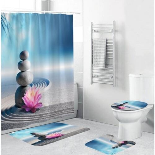 Beach Zen Stone Lotus Shower Curtain Flower Bath Mats Set Anti-skid Rug Toilet Lid Cover Mat Bathroom Curtains with Hooks