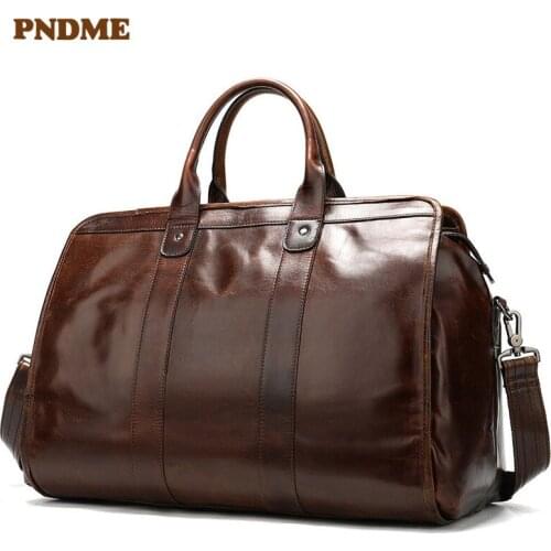 Simple retro natural genuine leather mens womens handbags travel bags business cowhide large capacity luggage messenger bags