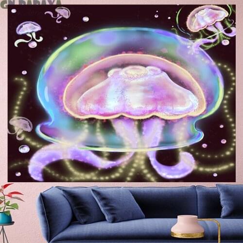 Jellyfish Psychedelic Tapestry cartoon Wall Hanging Moon night hippies Home Decor bohemian wall cloth Beach Mat kids room decor