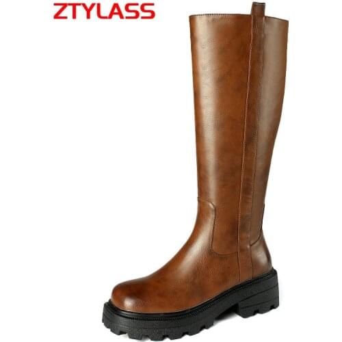 2021 Flat With Knee High Boots Faxu Leather Platform Low Heel Long Boots Autumn Winter Zipper Fashion Women Boots Black Brown