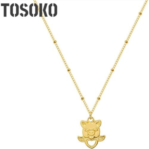 TOSOKO Stainless Steel Jewelry Hollowed Out Heart-Shaped Wings Animal Pig Head Pendant Necklace Cute Female Clavicle Chain P932
