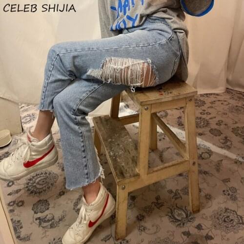 VINTAGE Ripped Jeans for Women Blue Denim Straight Pants Female Korean Chic High Waist Hole Tassel Womans Jeans Mom