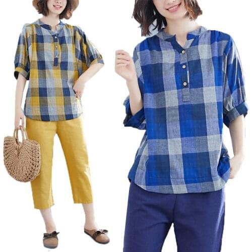 Womens Sets Spring Summer Cotton and Linen Ladies Suit Short Sleeve Plaid Shirt Nine Points Pants 2 pcs Sets Casual Pants Suits