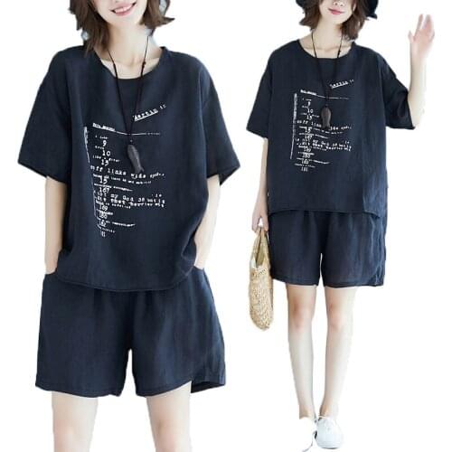 2 Pcs Sets Summer Womens Suit Plus Size Casual Short Sleeve Cotton linen T-shirt Wide Leg Shorts Pants Suit Sportsuit 2020 K25