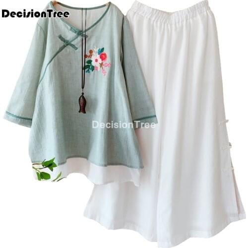 2021 chinese national wind cotton linen cheongsam tops womens shirt tang suit traditional chinese flower embroidered blouse