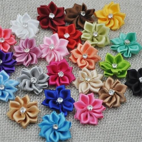 40pcs 28mm Mix Color Ribbon Flowers With Rhinestone Garment Sewing Supplies Handmade Appliques A14