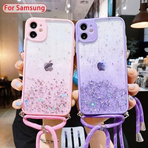 With Neck Strap Rope Cord Clear Glitter Case For Samsung S20 FE A51 A11 A71 A20S A31 A21S A01 A30S Camera Lens Protection Cover