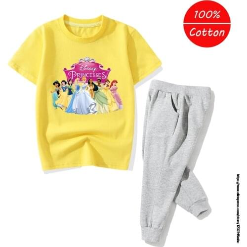 Disney Princess Girls Clothing Set Baby New Summer Kids Clothing Sets 1 5 6 9 Year Colorful T-Shirt + Pants 2Pcs Girls Boys Suit