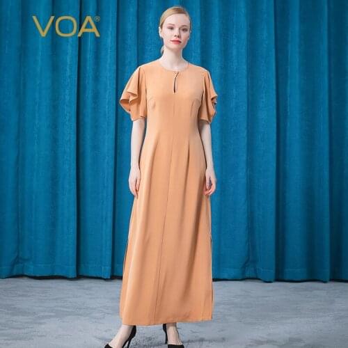 VOA 40m/m Heavy Silk Round Neck AE779 Rhinestone Button Hem Split Chinese Modified Simple Cheongsam Long Dress 2021