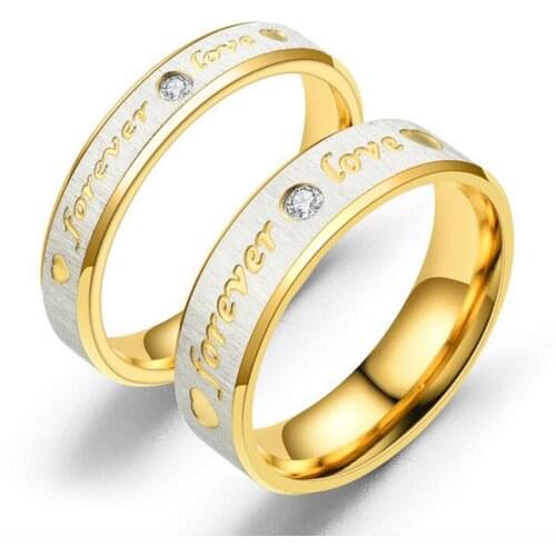 Exquisite Stone-studded Beveled Gauze Forever Love Letter Rings for Lovers Engagement Stainless Steel Ring for Couple Jewelry