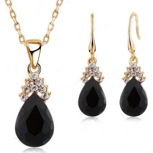 Vintage Female Black Austrian Crystal Necklace/Earrings Set Yellow Gold Filled Water Drop Pendant Jewely Sets Party Gifts