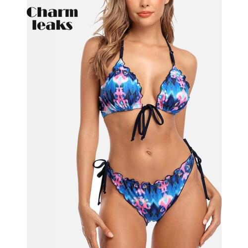 Charmleaks Women Bikini Set Flower Print Swimsuit Lace Sexy Swimwear Push Up Side Bandaged Bathing Suit Beachwear