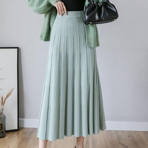 Fashion Knitted Umbrella Skirt Women Autumn Winter 2021 Elegant Solid Color A-line Pleated Core Yarn Slim Sweater Skirt