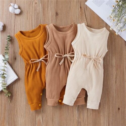 New Baby Boy Girl Romper Casual Clothes Solid Color Sleeveless Crew Neck Soft Cotton Drawstring Waist Jumpsuit