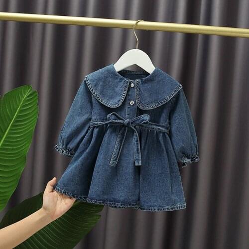 Autumn Girls Princess Jeans Dress Children Kids Baby Infants Long Sleeve Denim Lapel Collar Belted Dresses Vestidos S11288