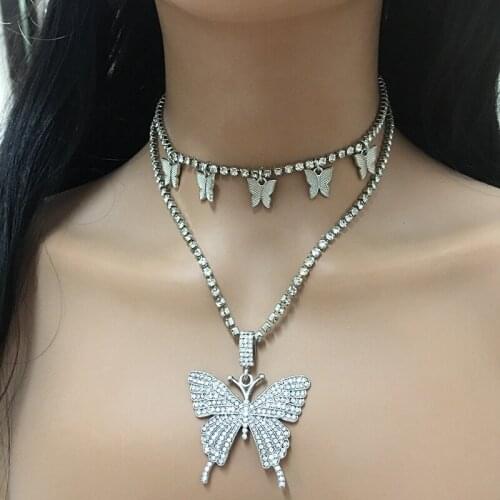 Rhinestone Butterfly Necklace Hip Hop Crystal Choker Bracelet Punk Gothic Rock Set women Men Collar Jewelry Accessories