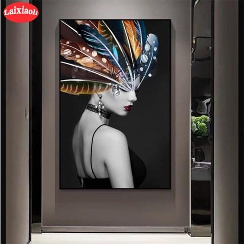 Full drill Diamond painting Modern art, sexy woman, feathers Diamond embroidery Cross stitch resin office wall decor