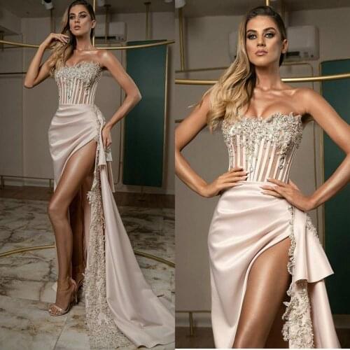 2020 Gorgeous Quinceanera Dresses Strapless Appliqued Beaded Formal Dress Custom Made Party Wear High Split Evening Gowns