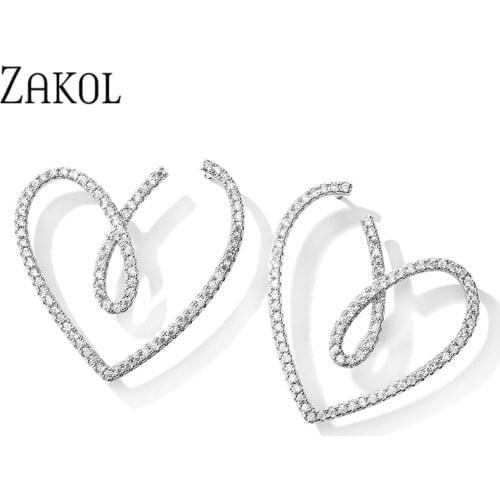 ZAKOL 2021 New Fashion Small Shiny Cubic Zirconia Hollow Heart Shape Stud Earrings Party Office Earring Jewelry for Women EP2944