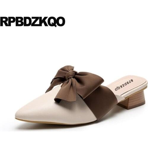 Bow cute beige block low heels mules slipper fashion shoes 2019 luxury women sandals thick ladies high unique pointed toe pumps
