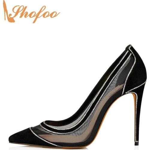 Black High Thin Heels Pumps Patchwork Pointed Toe Woman Slip On Flock Large Size 12 16 Lady Fashion Crystal Mature Shoes Shofoo
