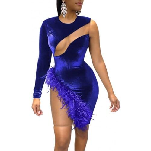 2021 Women Sexy Velvet Dress See Through Round Neck Long Sleeve One Shoulder Mesh Patchwork Feather Mini Bodycon Dress