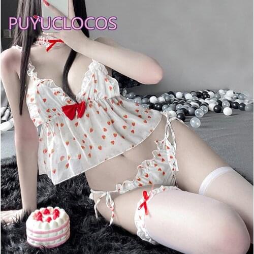 Women Erotic Sexy Lingeries Exotic Cute Sleepwear Uniform G-String White Chiffon Suit Strawberry Pajamas Set