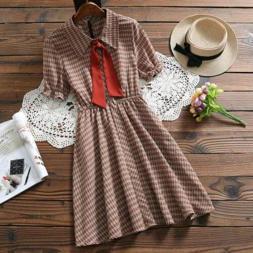 Mori girl cute kawaii plaid dress new summer fashion short sleeve casual sweet dress 2019 lady vestidos