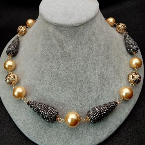 21" 16mm Yellow Sea Shell Pearl round Necklace black macarsite teardrop Pave Connector punk style for women