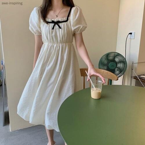 2021 Summer New Dress Puff Sleeve Temperament Gentle and Generous First Love Dress White Princess Dress Sweet Square Collar