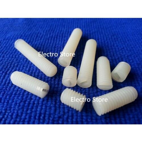 100pcs White Nylon M4 Slotted Head Set Screws Flat Point Grub Screws M4 x 6mm 8mm 10mm 12mm 15mm 20mm 25mm 30mm