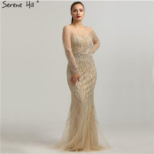 2020 Sexy See Through Sheer Long Sleeve Evening Dresses Backless Crystal Sequins Mermaid Party Gown Dubai Robe De SOiree BLA6418