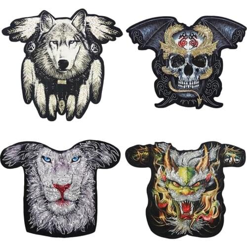Sequins Large Wolf Head Lion Skull Dragon Embroidered Patch , for Full Back Size of Jackets Clothing Motorcycle Biker Big Patch