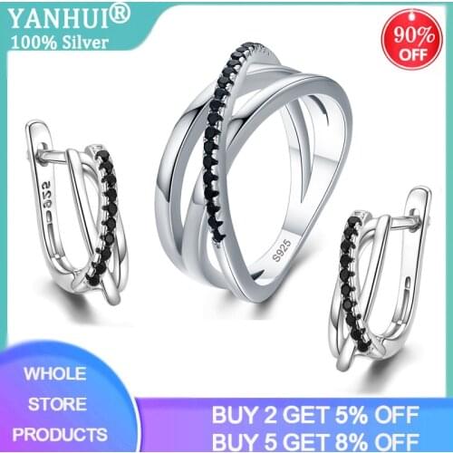 YANHI Neo-Gothic Real 925 Sterling Silver Fine Jewelry Sets Baguet Row Black Zircon Gemstone Wedding Earrings Ring Set for Women