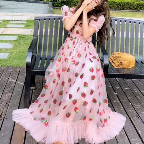 Summer Clothes For Women Elegant Strawberry Dress Sexy V-Neck Fuff Sleeve Midi Dress