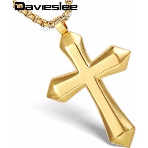 Davieslee Boys Mens Chain Polished Cross Pendant Necklace Stainless Steel Round Box Link Gold Silver Color LKPM130